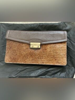 Cole Haan Brown Leather & Haircalf Clutch with Gold Hardware